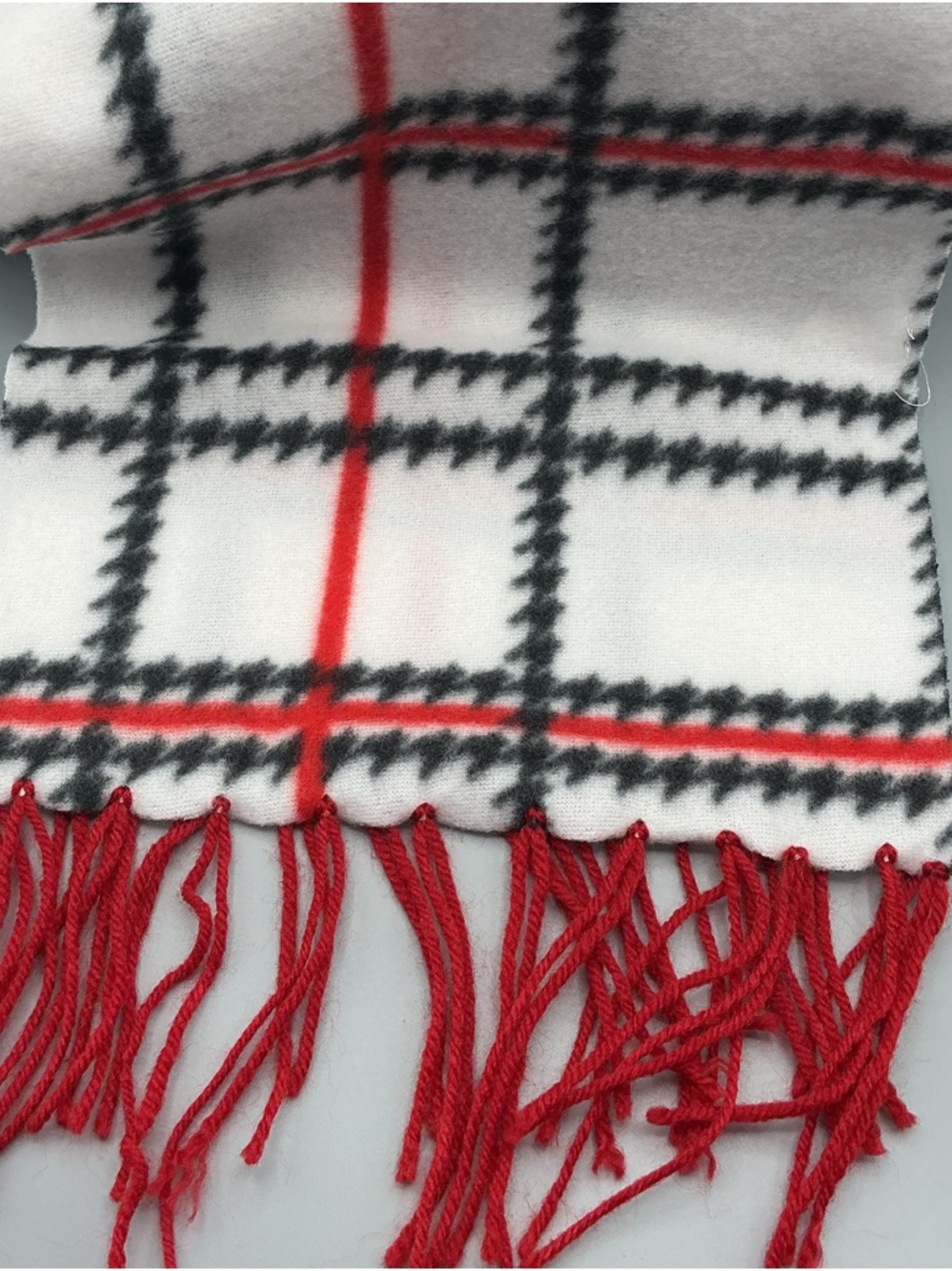 White Plaid Fringe Scarf with Red and Black Check